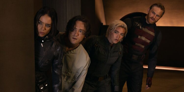 A group of people in superhero costumes peeking out from around a corner.