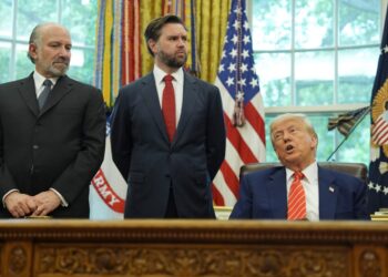 President Trump with Commerce Secretary Howard Lutnick, Vice President JD Vance