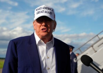 President Donald Trump speaks to reporters before boarding Air Force One at Morristown Municipal Airport in Morristown, N.J., Sunday, May 25, 2025.