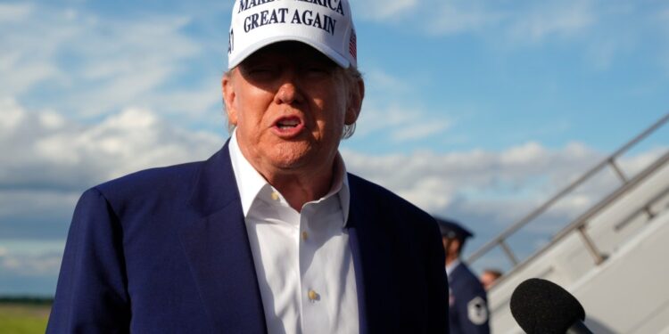 President Donald Trump speaks to reporters before boarding Air Force One at Morristown Municipal Airport in Morristown, N.J., Sunday, May 25, 2025.