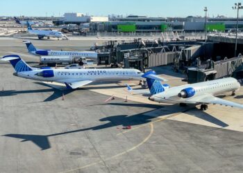 United Express airplanes parked at gates at Newark International Airport.