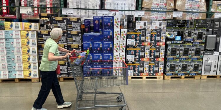 A shopper with a cart in a Costco warehouse.