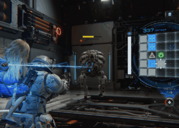 Screenshot from Pragmata featuring the robot child Diana hanging on the back of her companion Hugh as she hacks a robotic enemy.
