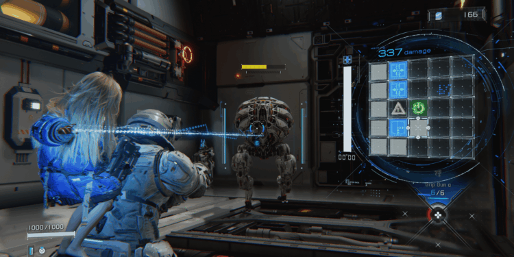 Screenshot from Pragmata featuring the robot child Diana hanging on the back of her companion Hugh as she hacks a robotic enemy.