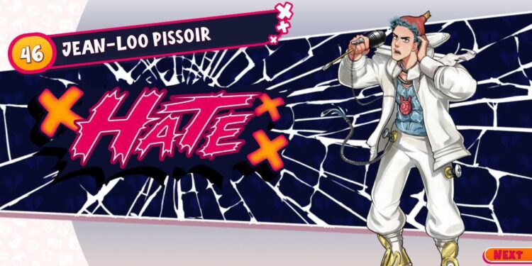 Screenshot from Date Everything featuring an anthropomorphized toilet named Jean-Loo Pissoir with the word HATE in big letters next to Jean-Loo.