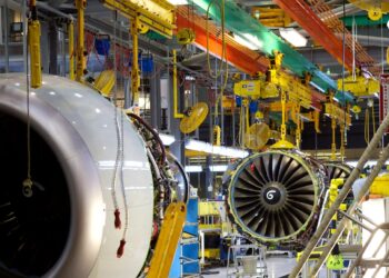 Boeing 737 engines in a factory.