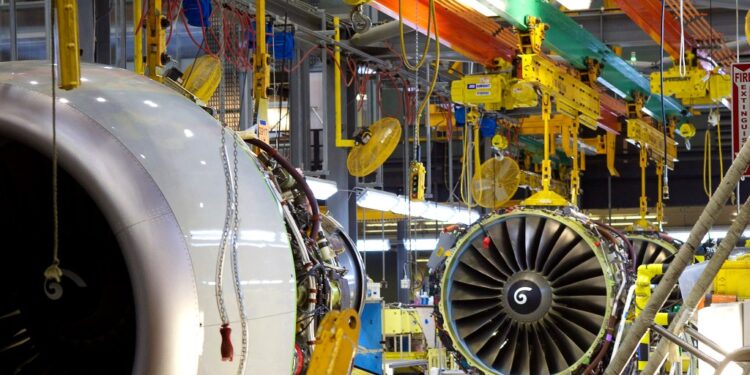 Boeing 737 engines in a factory.
