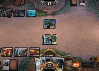 Screenshot from Magic The Gathering Arena featuring a field of digital play cards with two opponents facing each other with avatars of Sephiroth and Cloud