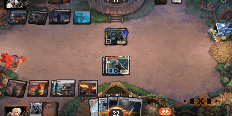 Screenshot from Magic The Gathering Arena featuring a field of digital play cards with two opponents facing each other with avatars of Sephiroth and Cloud