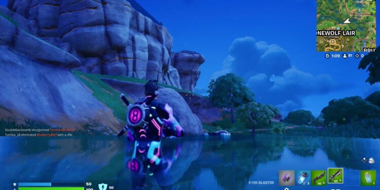 A Fortnite screenshot depicting Lewis Hamilton waiting through west deep water at the bottom of a gorge.