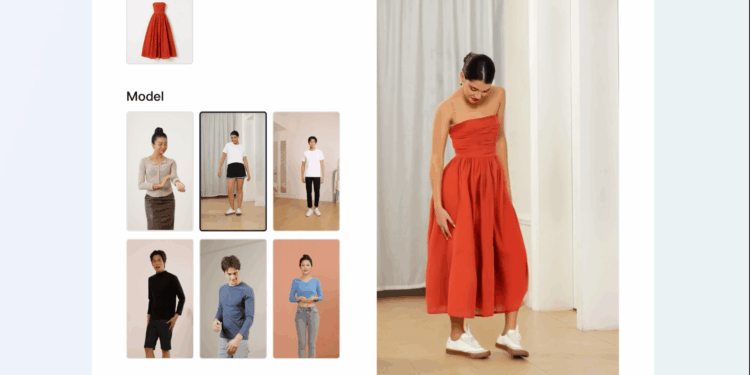 TikTok’s AI-generated product try-on feature, showing a fake model wearing a dress.