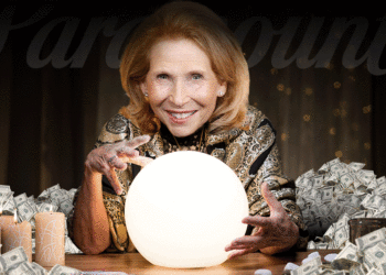 A woman gazes into a crystal ball surrounded by stacks of money.