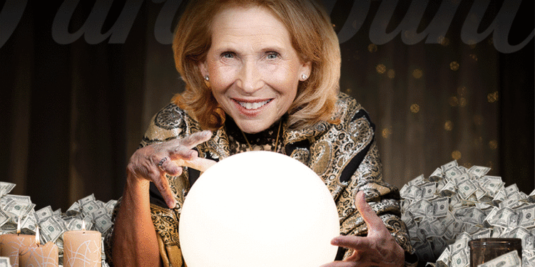 A woman gazes into a crystal ball surrounded by stacks of money.