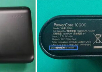Two photos: one of the front Anker power bank, the other of its bottom with the product info.