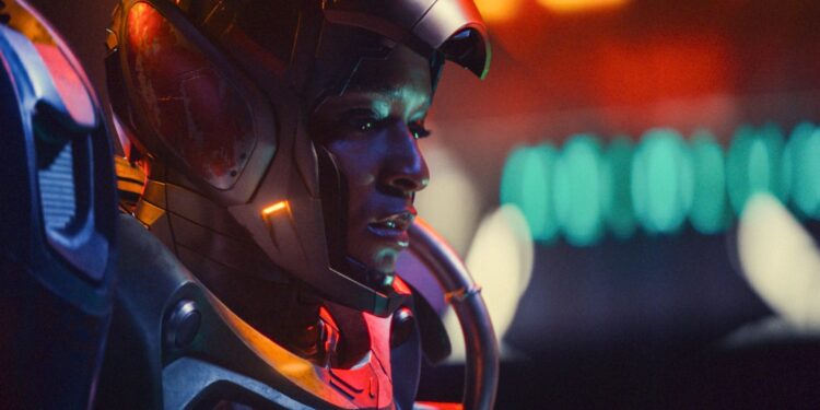 A girl in an armored robotic suit with massive shoulders.