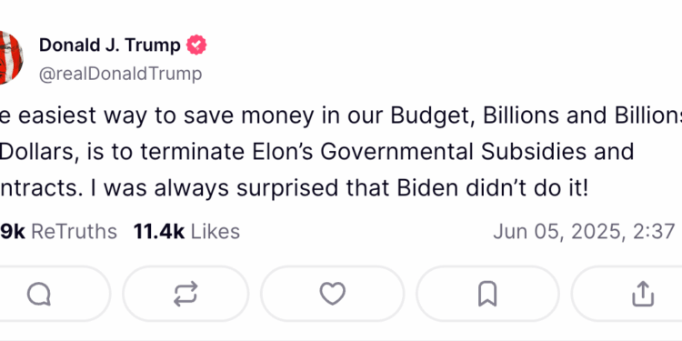 A Truth Social post from @realdonaldtrump: The easiest way to save money in our Budget, Billions and Billions of Dollars, is to terminate Elon’s Governmental Subsidies and Contracts. I was always surprised Biden didn’t do it.”