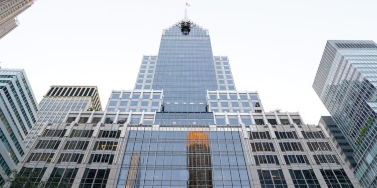 Low-angle view of 320 Park Avenue in New York City.