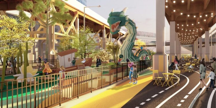 Illustration of a park design featuring a large dragon playground structure under an elevated train track.