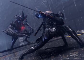 Screenshot from Ninja Gaiden 4 that features one of the game’s protagonists in the rain facing down a demon.