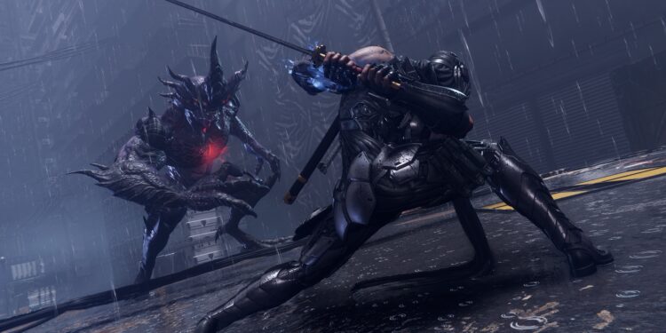 Screenshot from Ninja Gaiden 4 that features one of the game’s protagonists in the rain facing down a demon.