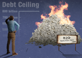 Illustration of a man looking at a graph showing a debt ceiling while a large pile of burning money sits in front of him.
