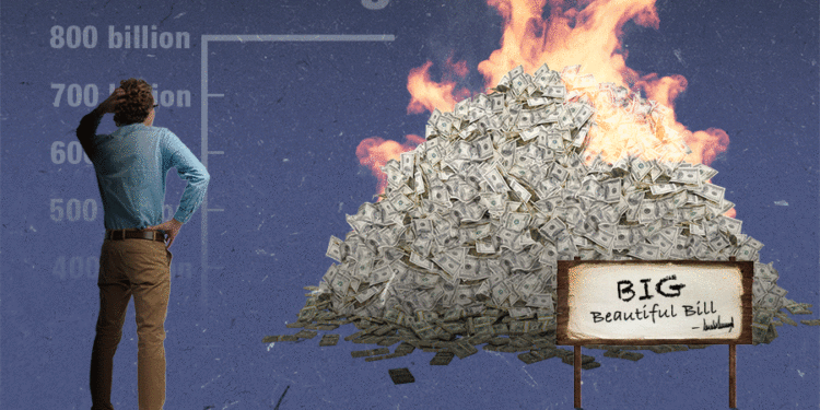 Illustration of a man looking at a graph showing a debt ceiling while a large pile of burning money sits in front of him.