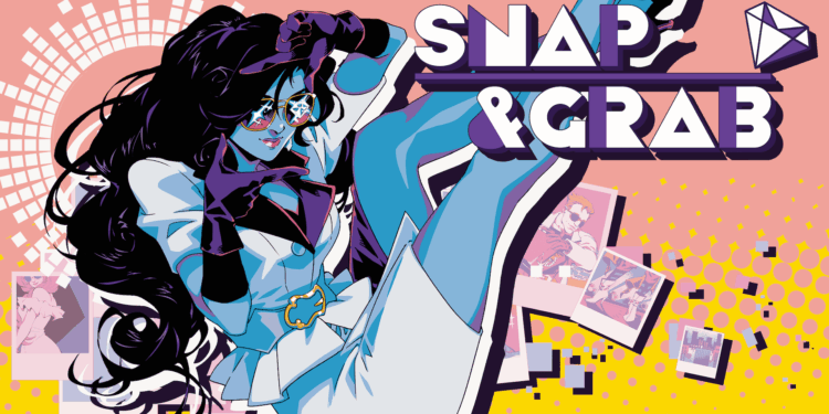 Key Art for Snap and Grab featuring an 80’s style pin up of a brown-skinned woman holding a camera with the words snap and grab in the top right.