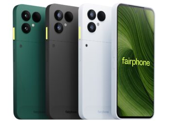 The Fairphone 6 pictured in three color options from the front and back.