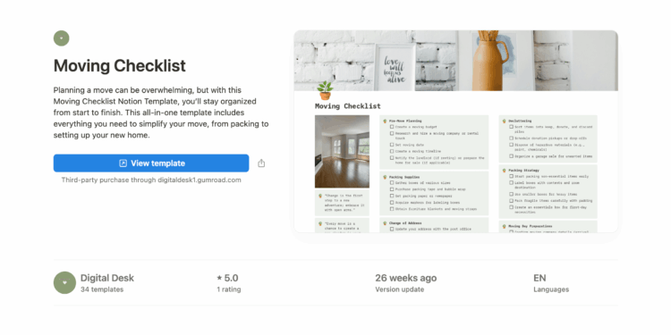 A Notion template titled Moving Checklist with a description on the left and an illustration of a Moving Checklist on the right.