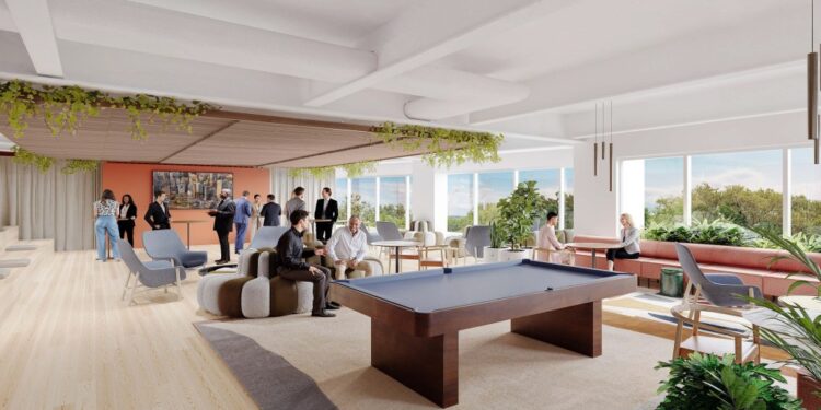Illustration of a modern office lounge with a pool table and people socializing.