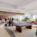 Illustration of a modern office lounge with a pool table and people socializing.