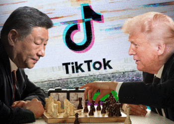 Illustration of Xi Jinping and Donald Trump playing chess, with a TikTok logo in the background.