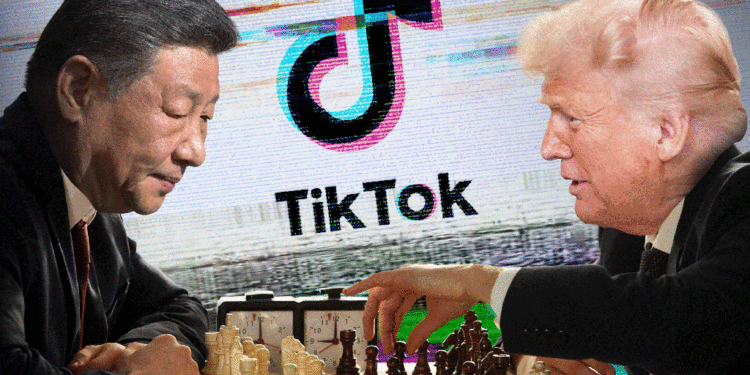 Illustration of Xi Jinping and Donald Trump playing chess, with a TikTok logo in the background.