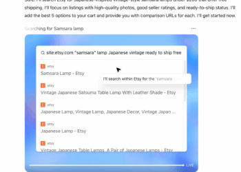 A screenshot of The Verge testing ChatGPT Agent looking for lamps on Etsy