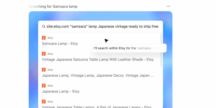 A screenshot of The Verge testing ChatGPT Agent looking for lamps on Etsy