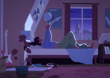 Screeenshot from Desta: The Memories Between featuring the titular character Desta lying on their bed in a disheveled dark room tossing a ball into the air
