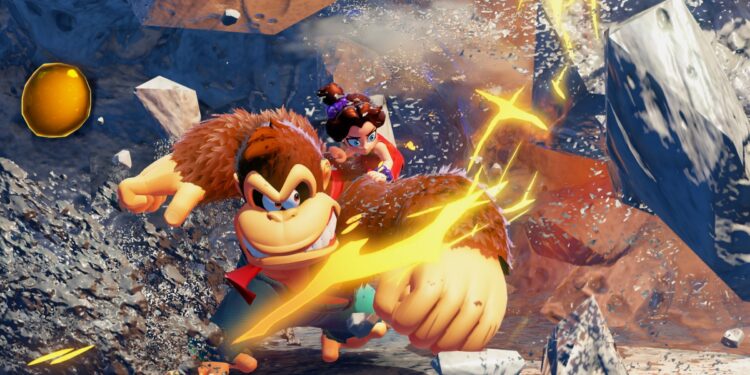 Screenshot from Donkey Kong Bananza featuring Donkey Kong punching rocks with a young Pauline hanging off his shoulder.