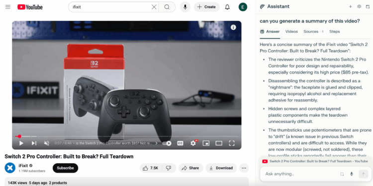 Comet’s AI assistant generated a summary of iFixit’s controller teardown in the browser’s sidebar.
