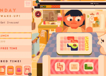 Screenshot from the game Consume Me featuring a cartoonish young woman holding a knife and fork looking dejectedly at a meal while sitting at a kitchen table.
