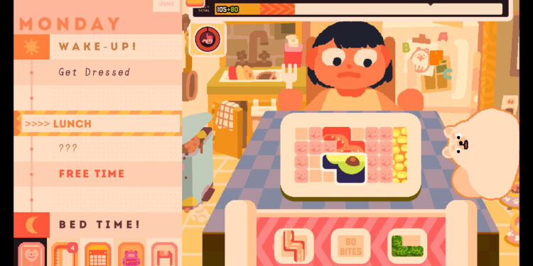 Screenshot from the game Consume Me featuring a cartoonish young woman holding a knife and fork looking dejectedly at a meal while sitting at a kitchen table.
