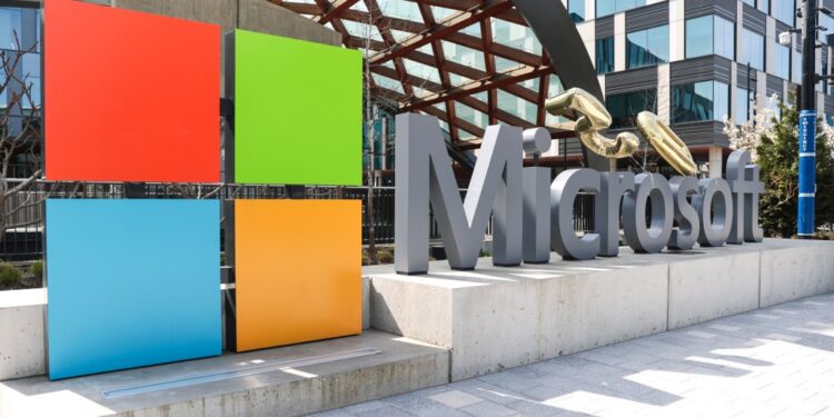 Microsoft logo at company headquarters.