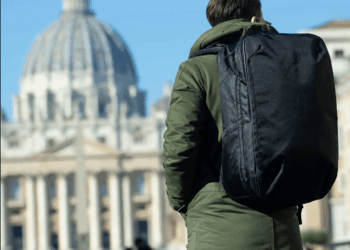 Person with backpack facing a capital building.