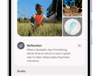 Render showing an example of Pixel Journal app showing an AI-generated reflection reading “What a fantastic day! prioritizing family time in nature is such a great way to relax. Keep capturing these moments.”