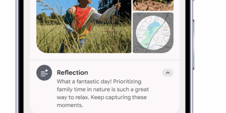 Render showing an example of Pixel Journal app showing an AI-generated reflection reading “What a fantastic day! prioritizing family time in nature is such a great way to relax. Keep capturing these moments.”