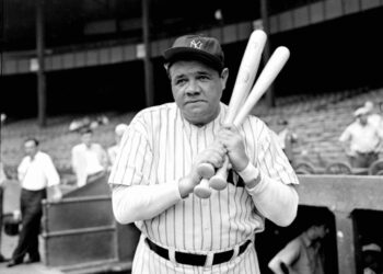 Retired Yankees slugger Babe Ruth warms up with three bats before stepping to the plate at New York's Yankee Stadium, August 21, 1942, as he prepared for a hitting exhibition two days later against retired pitching great Walter Johnson.On Tuesday,Aug.20.