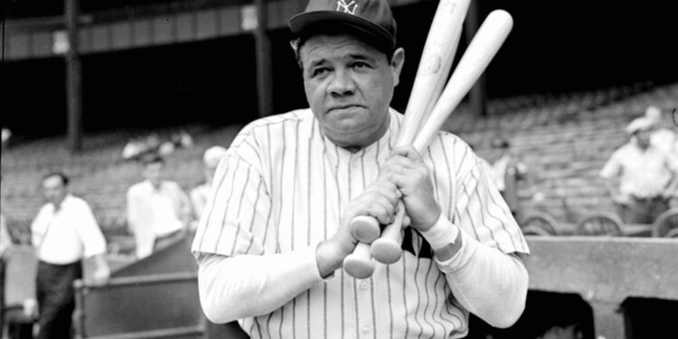 Retired Yankees slugger Babe Ruth warms up with three bats before stepping to the plate at New York's Yankee Stadium, August 21, 1942, as he prepared for a hitting exhibition two days later against retired pitching great Walter Johnson.On Tuesday,Aug.20.