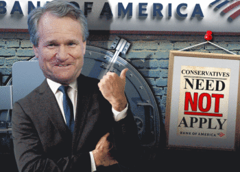 Illustration of a man in a suit giving a thumbs-up in front of a Bank of America vault, with a sign reading "Conservatives Need Not Apply."