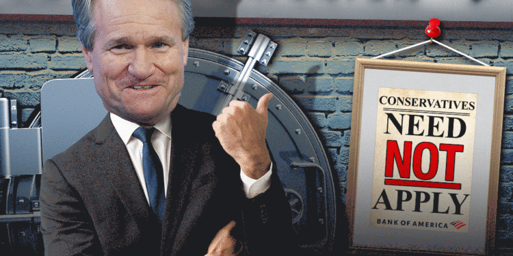 Illustration of a man in a suit giving a thumbs-up in front of a Bank of America vault, with a sign reading "Conservatives Need Not Apply."