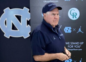 North Carolina coach Bill Belichick arrives for an NCAA college football press conference, March 5, 2025, in Chapel Hill, N.C.