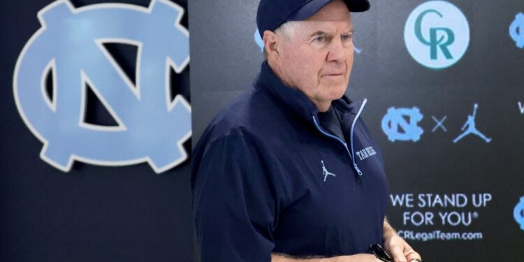 North Carolina coach Bill Belichick arrives for an NCAA college football press conference, March 5, 2025, in Chapel Hill, N.C.